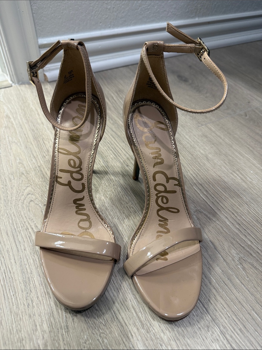 Sam Edelman Nude Patent Ankle-Strap Stiletto Heels